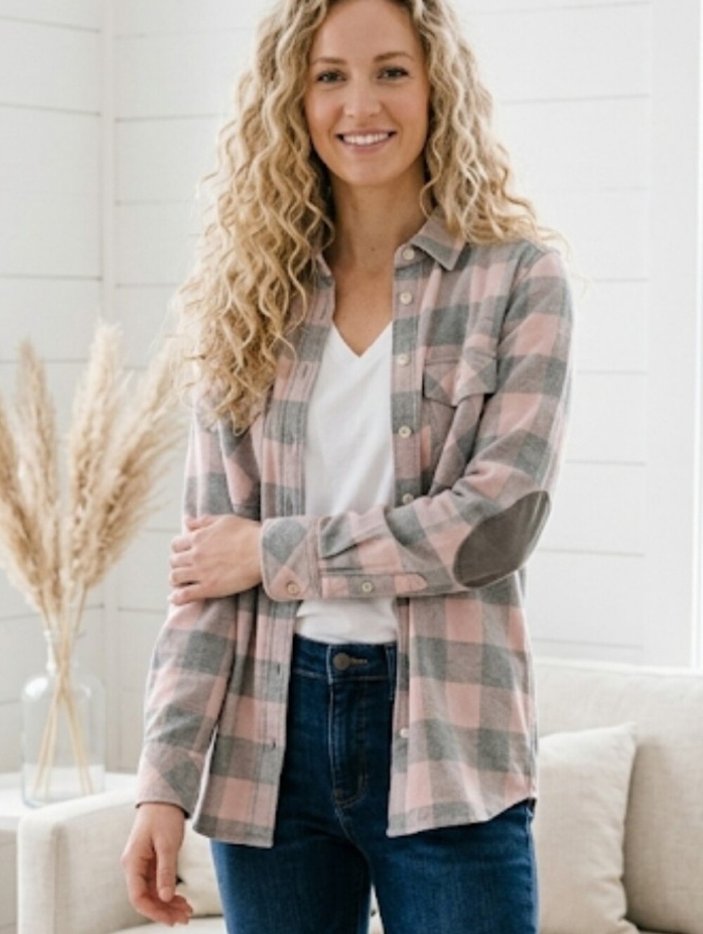 Roots Park Plaid Buffalo Check Flannel Shirt Elbow Patch Large Pink Gray